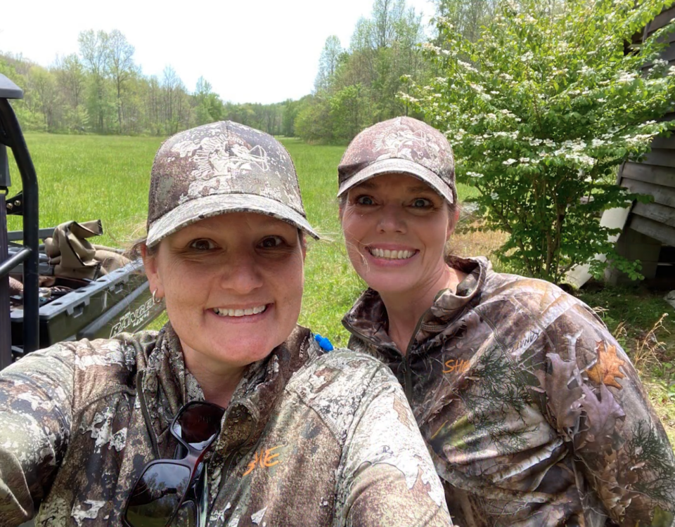Christa Forrester and Karen Butler setting off on Forrester's first turkey hunt with big smiles on their faces.